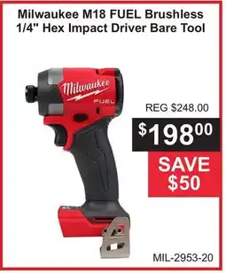 Atlas Tools & Machinery Milwaukee M18 FUEL Brushless 1/4 Hex Impact Driver Bare Tool offer