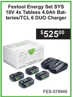 Atlas Tools & Machinery Festool Energy Set SYS 18V 4x Tabless 4.0Ah Batteries/TCL 6 DUO Charger offer