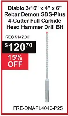 Atlas Tools & Machinery Diablo 3/16 x 4 x 6 Rebar Demon SDS-Plus 4-Cutter Full Carbide Head Hammer Drill Bit offer