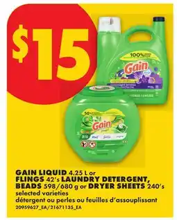 No Frills GAIN LIQUID, 4,25 L OR FLINGS, 42'S LAUNDRY DETERGENT, BEADS, 598/680 G OR DRYER SHEETS, 240'S offer