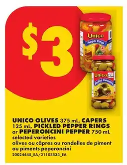 No Frills UNICO OLIVES 375 mL, CAPERS 125 mL, PICKLED PEPPER RINGS or PEPERONCINI PEPPER 750 mL offer