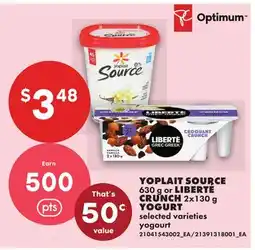 No Frills YOPLAIT SOURCE, 630 g or LIBERTE CRUNCH, 2x130 g YOGURT offer