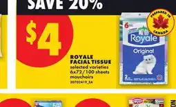 No Frills ROYALE FACIAL TISSUE, 6X72/100 SHEETS offer