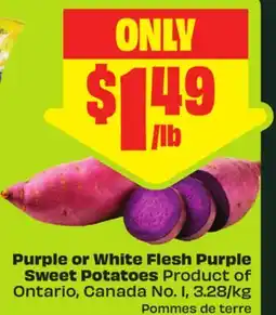 FreshCo Purple or White Flesh Purple Sweet Potatoes Product of Ontario, Canada No. 1, 3.28/kg offer