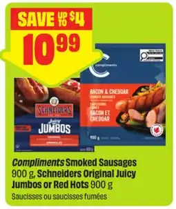 FreshCo Compliments Smoked Sausages 900 g, Schneider Original Juicy Jumbos or Red Hots offer