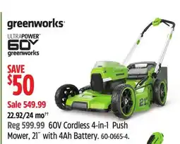 Canadian Tire Greenworks 60V Cordless 4-in-1 Push Mower, 21 with 4Ah Battery offer