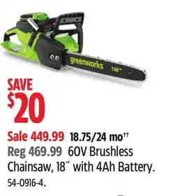 Canadian Tire Greenworks 60V Brushless Chainsaw, 18 with 4Ah Battery offer