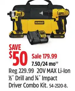 Canadian Tire Dewalt 20V MAX Li-Ion ½ Drill and ¼ Impact Driver Combo Kit offer