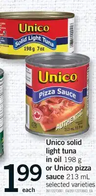 Fortinos UNICO SOLID LIGHT TUNA IN OIL 198 G OR UNICO PIZZA SAUCE 213 ML offer