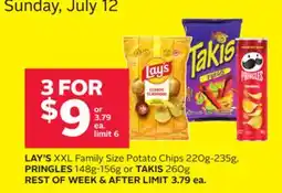 Rexall LAY'S XXL Family Size Potato Chips 220g-235g, PRINGLES 148g-156g or TAKIS 260g offer