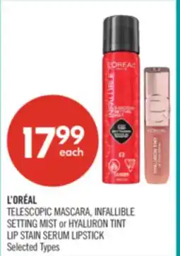 Shoppers Drug Mart L'ORÉAL TELESCOPIC MASCARA, INFALLIBLE SETTING MIST or HYALURON TINT LIP STAIN SERUM LIPSTICK offer