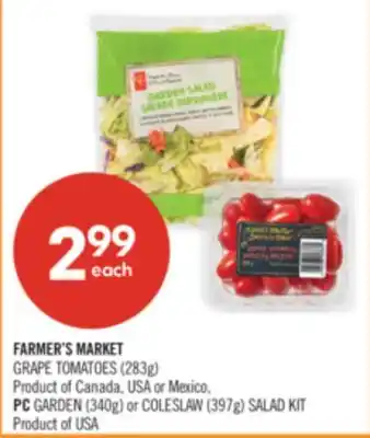 Shoppers Drug Mart FARMER'S MARKET GRAPE TOMATOES (283g) PC GARDEN (340g) or COLESLAW (397g) SALAD KIT offer