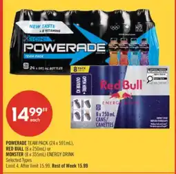 Shoppers Drug Mart POWERADE TEAM PACK (24 x 591mL), RED BULL (8 x 250mL) or MONSTER (8 x 355mL) ENERGY DRINK offer
