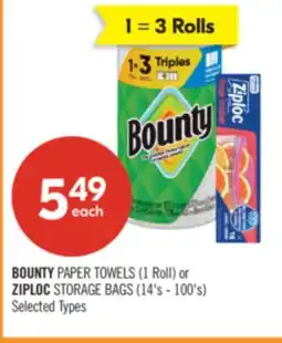 Shoppers Drug Mart BOUNTY PAPER TOWELS (1 Roll) or ZIPLOC STORAGE BAGS (14's - 100's) offer