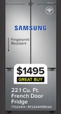 Leon's Samsung 30 22.1 Cu. Ft. Stainless Steel French Door Refrigerator - RF22A4111SR/AA offer
