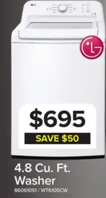 Leon's LG White Top Load Washer with Agitator and SlamProof Glass Lid (4.8 Cu. Ft) -WT6105CW offer