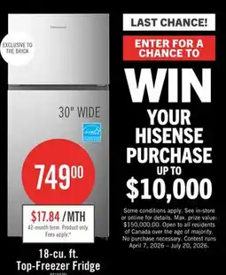 The Brick Hisense 30 18 Cu. Ft. Top-Mount Refrigerator - Stainless Steel - RT18A2FID offer