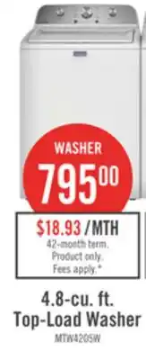 The Brick Maytag 4.8 Cu. Ft. Top Load Washer – White - MTW4205SW offer
