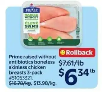 Prime Raised without Antibiotics Boneless Skinless Chicken Breasts 3-Pack