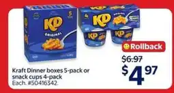 Walmart Kraft Dinner boxes 5-pack or snack cups 4-pack offer