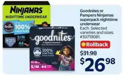 Walmart Goodnites or Pampers Ninjamas Superpack Nighttime Underwear offer