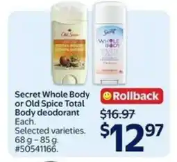 Walmart Secret Whole Body or Old Spice Total Body deodorant offer