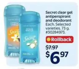Walmart Secret clear gel antiperspirant and deodorant offer
