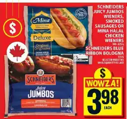 Food Basics Schneiders Juicy Jumbos Wieners, Smoked Sausages or Mina Halal Chicken Wieners offer