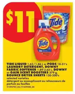No Frills Tide Liquid or Pods, Downy Fabric Softener, Downy or Gain Scent Boosters, Bounce Dryer Sheets offer