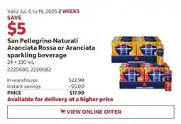 Costco San Pellegrino Naturali Aranciata Rossa or Aranciata sparkling beverage offer