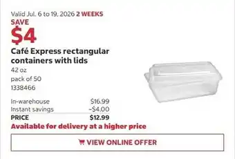 Costco Café Express rectangular containers with lids offer