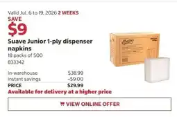 Costco Suave Junior 1-ply dispenser napkins offer