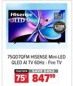 2001 Audio Video 75QD7QFM HISENSE Mini-LED QLED AI TV 60Hz - Fire TV offer