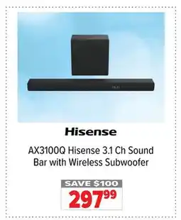 2001 Audio Video AX3100Q Hisense 3.1 Ch Sound Bar with Wireless Subwoofer offer