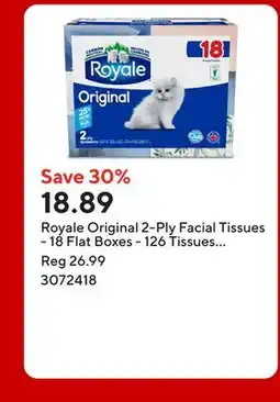 Staples Royale Original 2-Ply Facial Tissues - 18 Flat Boxes - 126 Tissues per Box offer