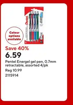 Staples Pentel Energel gel pen, 0.7mm retractable, assorted 4/pk offer