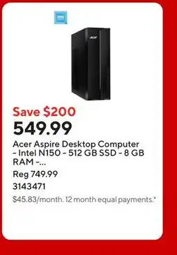 Staples Acer Aspire Desktop Computer - Intel N150 - 512 GB SSD - 8 GB RAM - Windows 11 Home offer