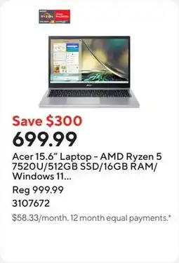 Staples Acer 15.6 Laptop - AMD Ryzen 5 7520U/512GB SSD/16GB RAM/Windows 11 Home offer