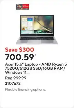 Staples Acer 15.6 Laptop - AMD Ryzen 5 7520U/512GB SSD/16GB RAM/Windows 11 Home offer