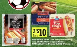 IGA Butcher's Selection Stampede Hot Dogs, Schneiders Original Wieners, Maple Leaf Top Dogs or Burns Wieners offer