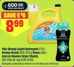 FreshCo Tide Simply Liquid Detergent, Downy Beads, Rinse, Gain or Bounce Dryer Sheets offer