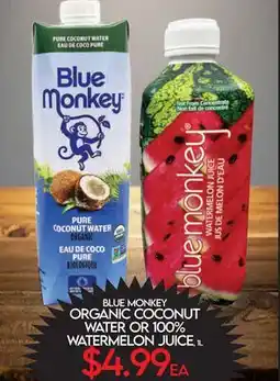 Fiesta Farms BLUE MONKEY ORGANIC COCONUT WATER OR 100% WATERMELON JUICE offer