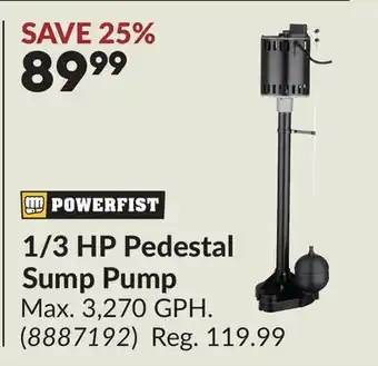 Princess Auto 1/3 HP Pedestal Sump Pump offer