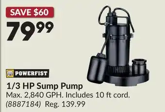 Princess Auto 1/3 HP Sump Pump offer