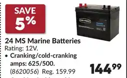 Princess Auto Cranking/cold-cranking amps: 625/500. 24 MS Marine Batteries offer