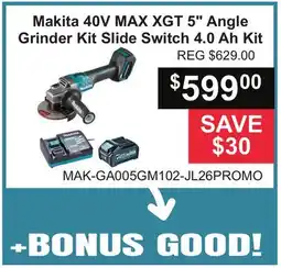 Atlas Tools & Machinery Makita 40V MAX XGT 5 Angle Grinder Kit Slide Switch 4.0 Ah Kit offer