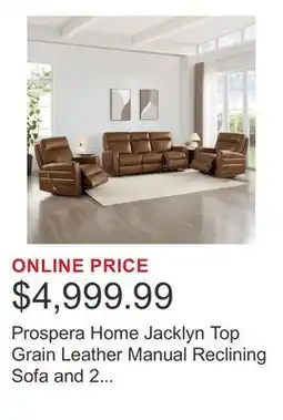 Costco Prospera Home Jacklyn Top Grain Leather Manual Reclining Sofa and 2 chairs offer