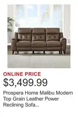 Costco Prospera Home Malibu Modern Top Grain Leather Power Reclining Sofa with Power Headrest offer