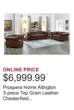 Costco Prospera Home Allington 3-piece Top Grain Leather Chesterfield Living Room Set offer