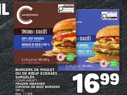 Marché Bonichoix COMPLIMENTS FROZEN SMASHED CHICKEN OR BEEF BURGERS offer